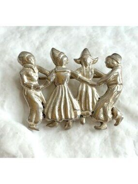Lang Sterling Signed 4 Folk Dutch Dancing Children Sterling Silver 925 Brooch